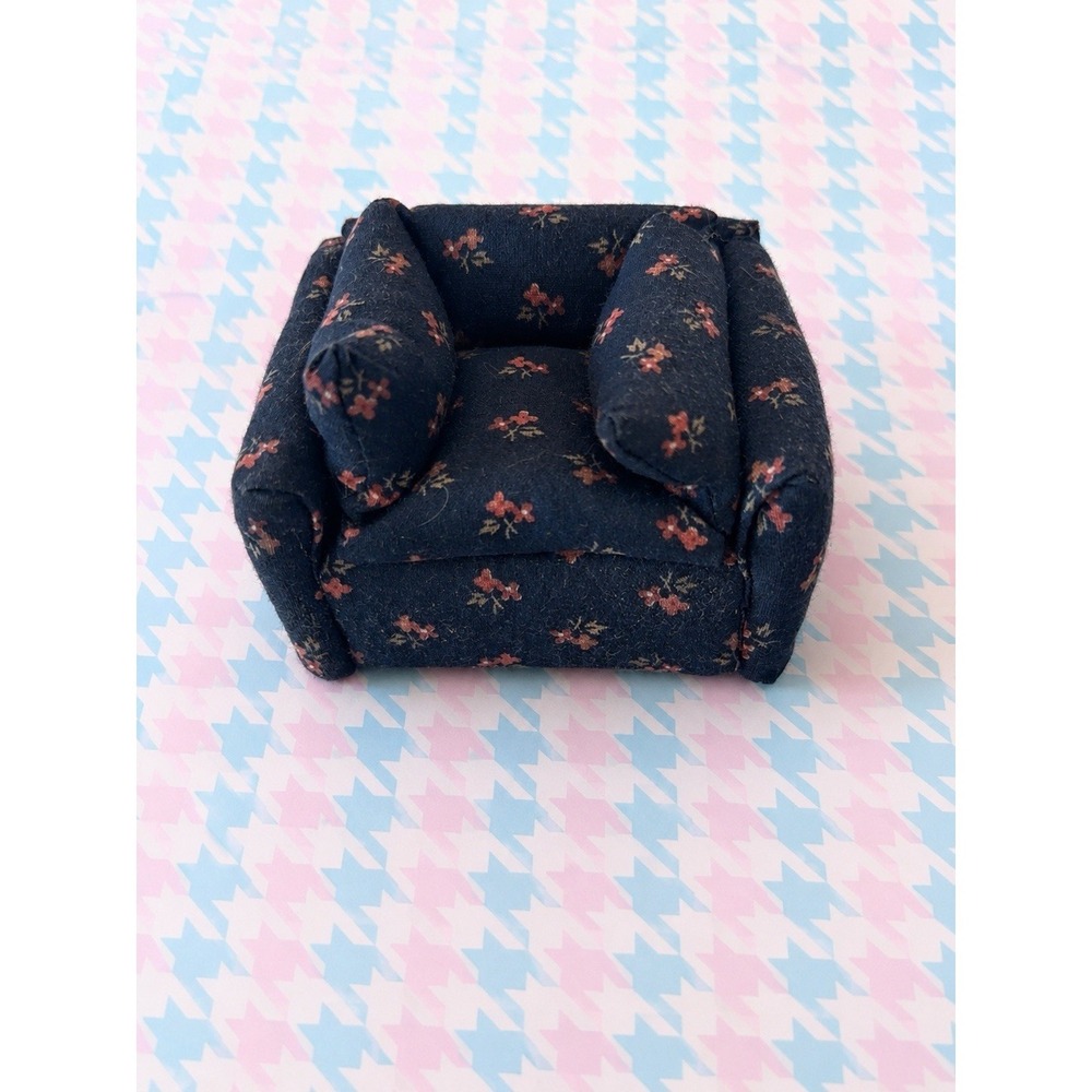 Dollhouse Floral Upholstered "fat" Armchair Miniature Furniture Blue Chair VTG